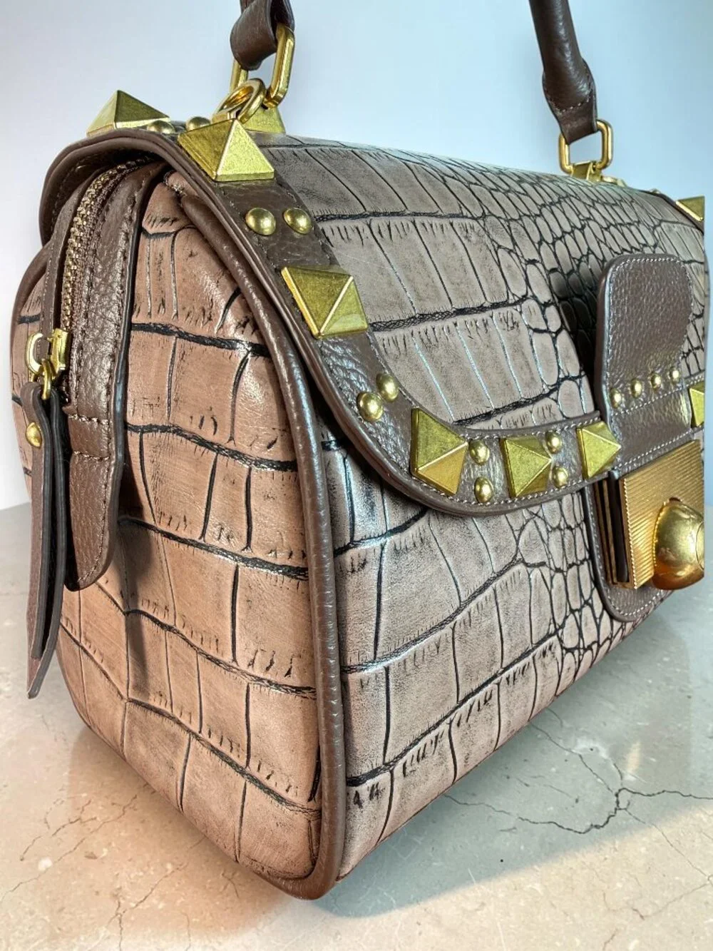 Sharif 1827 Croc-Embossed Leather Studded Top Handle Satchel Sample Bag - New